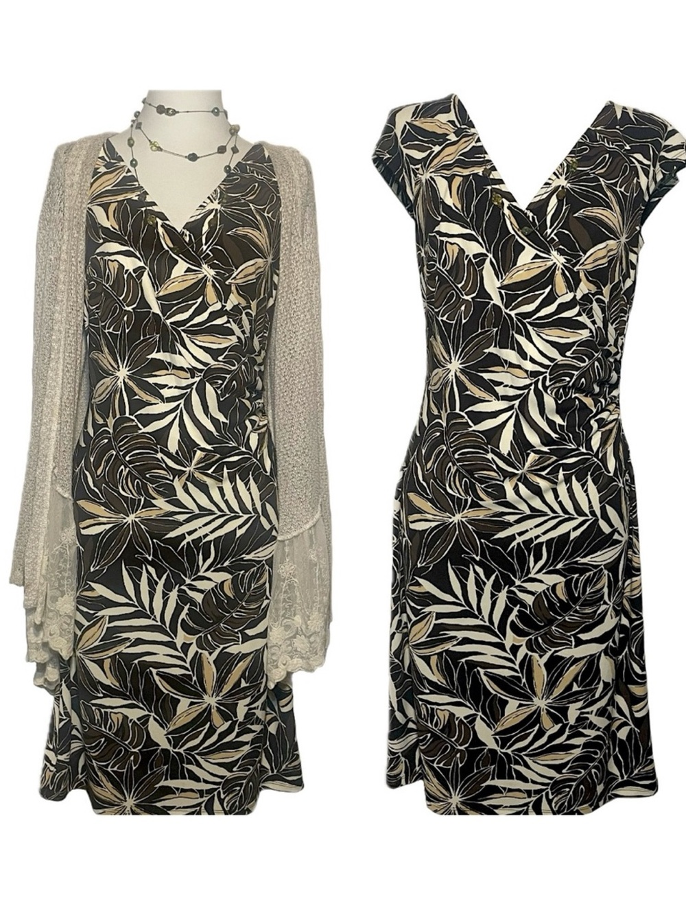 LOFT Black & Cream Leaf-Print V-Neck Midi Dress